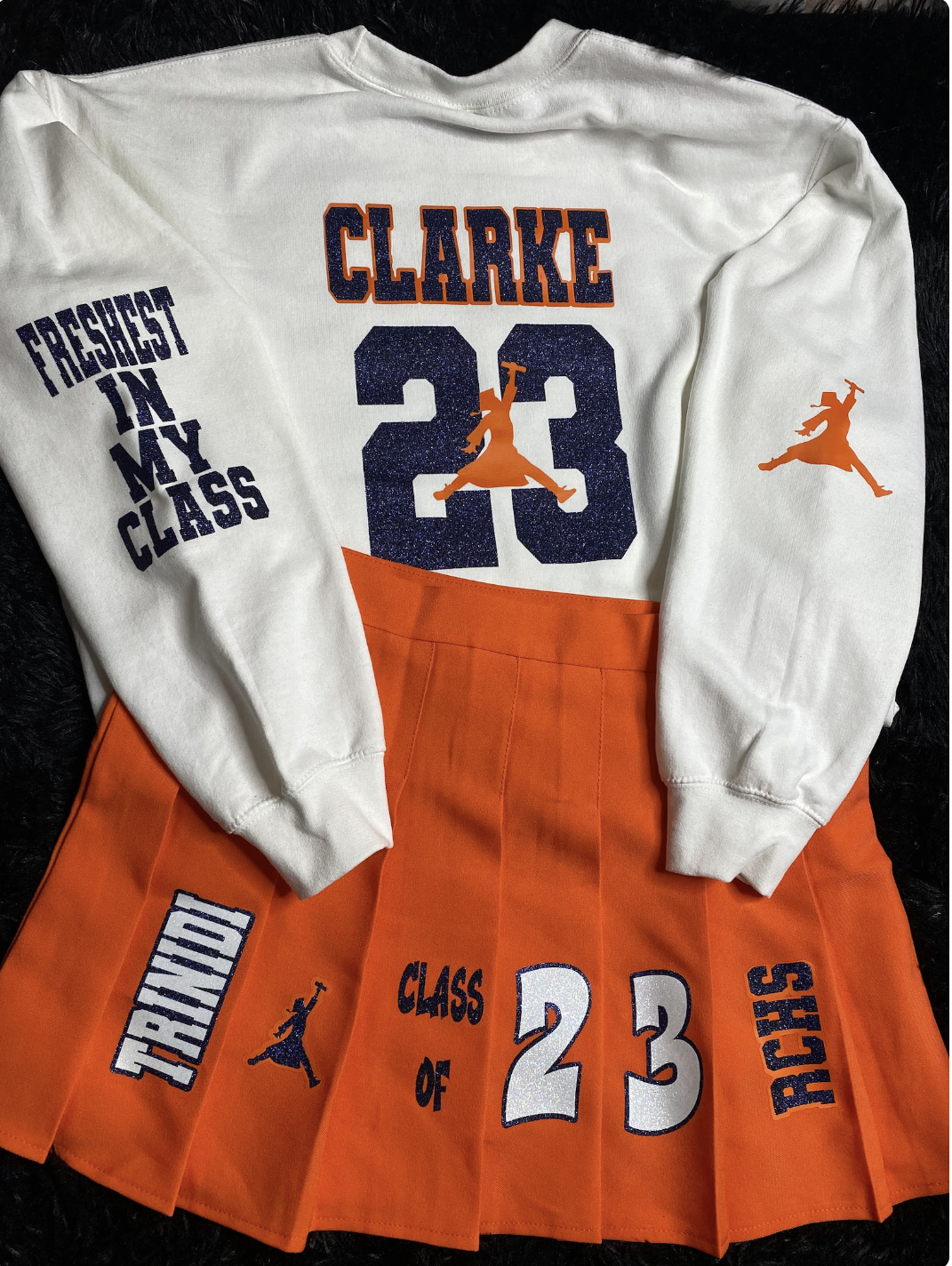 Custom graduation crew neck and pleated skirt